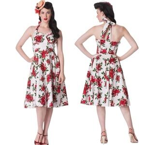 Hell Bunny Halter Dress Rose Print; Sz L (UK 14)